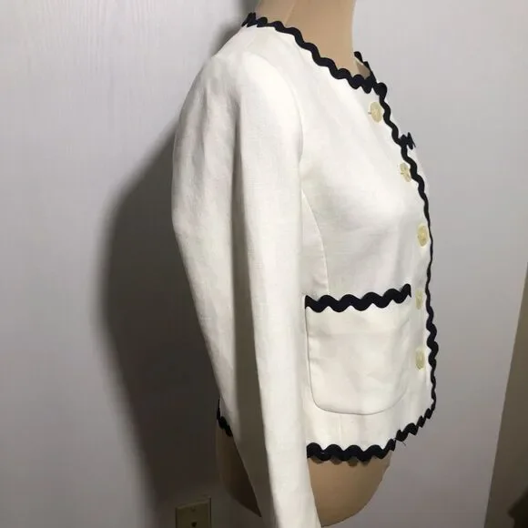 J Crew Linen Jacket Womens 2 White Blue Blazer Ric Rac Trim Career Office - Picture 7 of 15